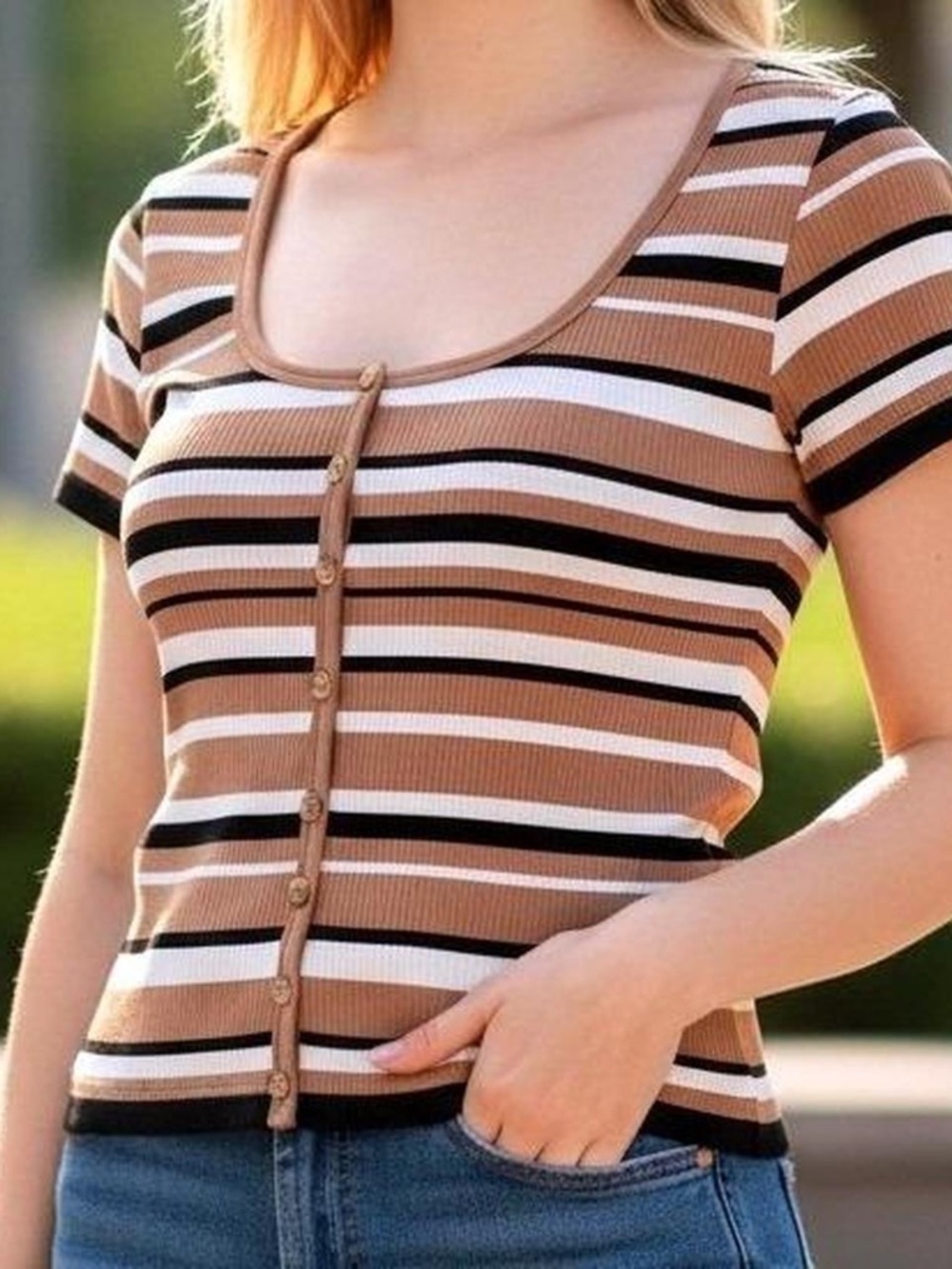 Ribbed Striped Button Front Scoop Neck Top Brown White Casual stripes 90s